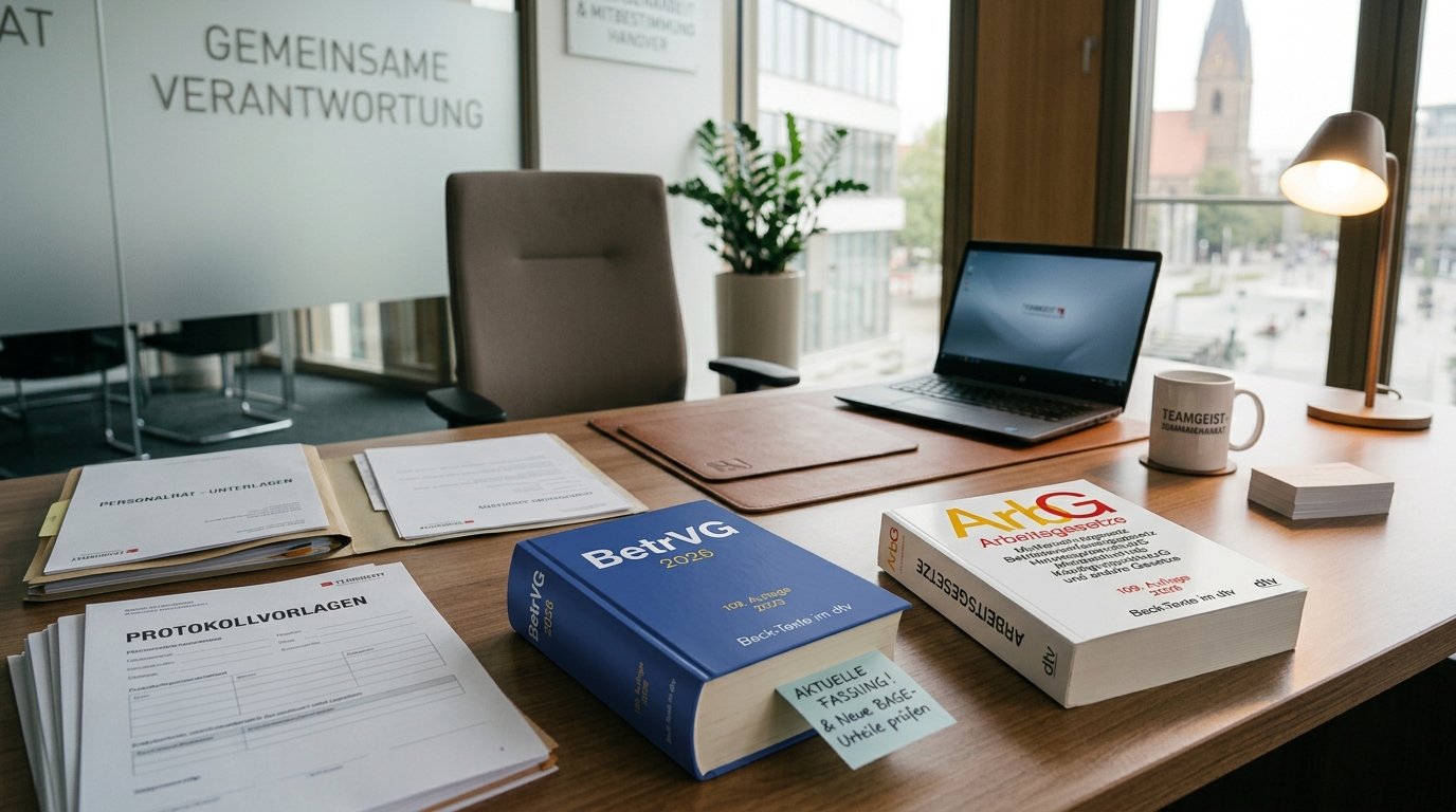 Schreibtisch eines Betriebsrats mit Betriebsverfassungsgesetz, Arbeitsgesetzen und Protokollvorlagen